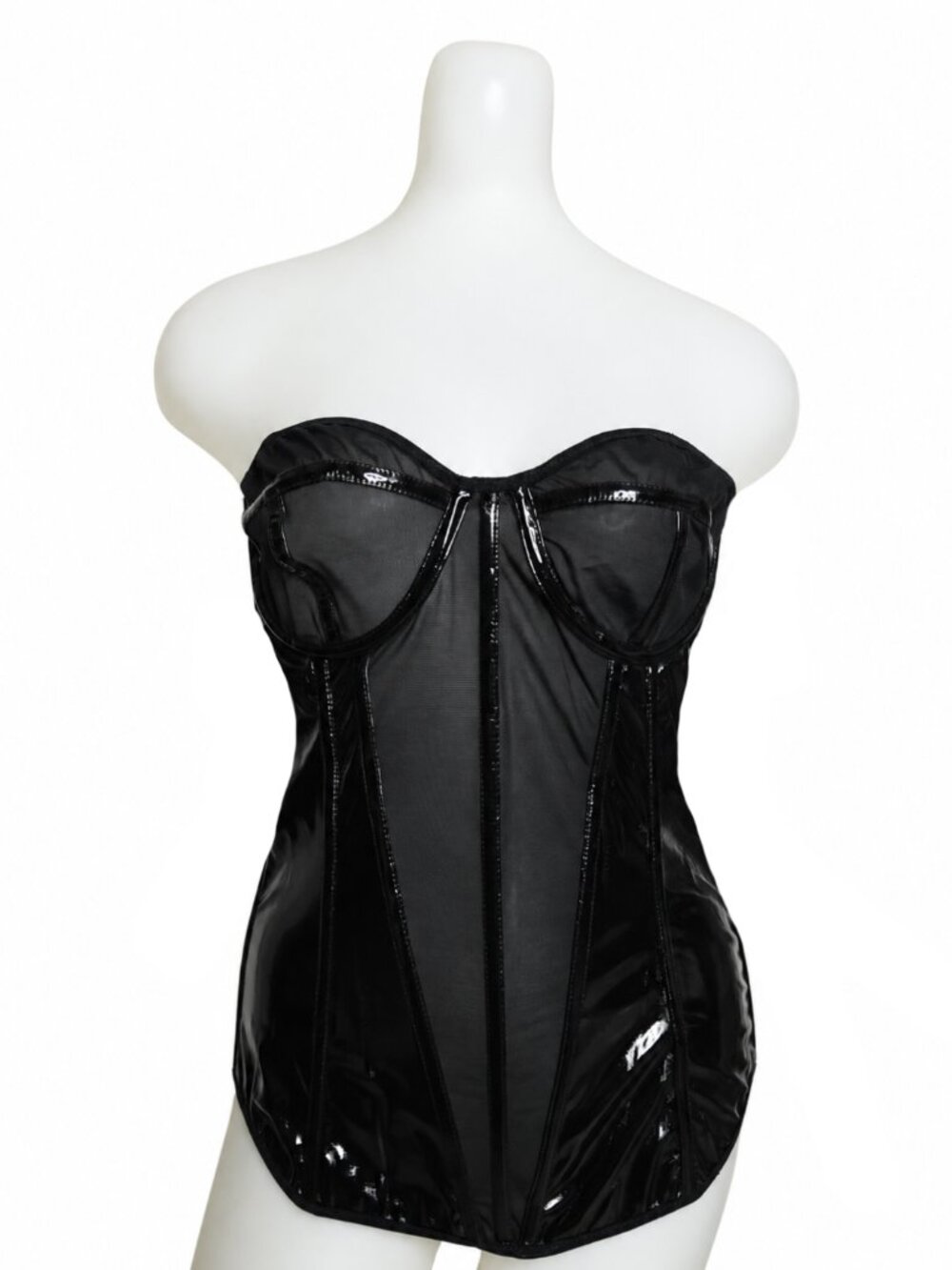 NWT Black Wet Look Mesh Bustier Corset Clubwear Top + Detachable Garters